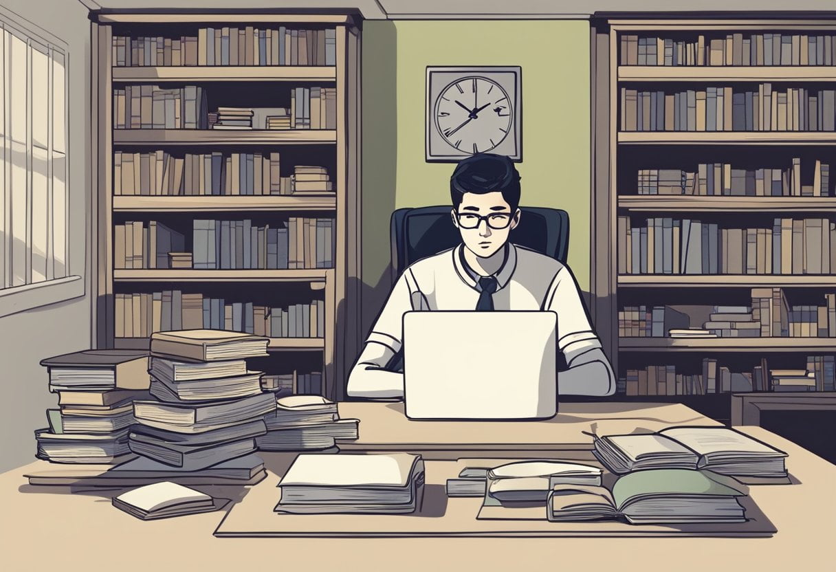 A tired student struggles to focus in class, rubbing their eyes and yawning as they struggle to stay awake. Their desk is littered with unfinished assignments and their eyes are heavy with exhaustion
