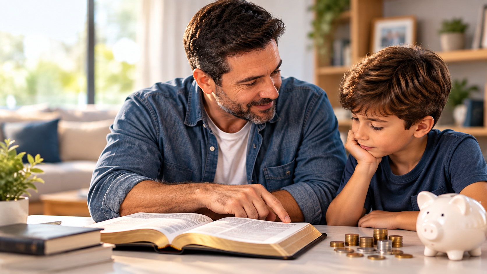 Pai e filho lendo a Bíblia juntos à mesa, com moedas e um cofrinho ao lado