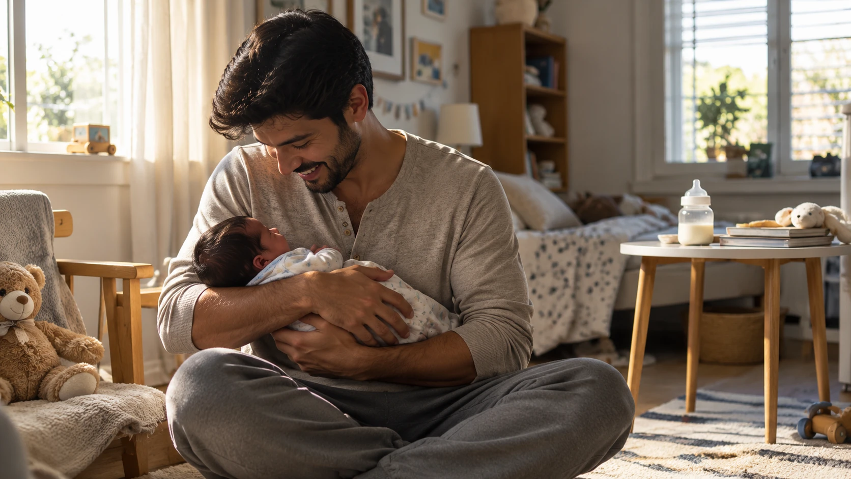 Pai segurando o bebê recém-nascido no colo, sentado no quarto do bebê