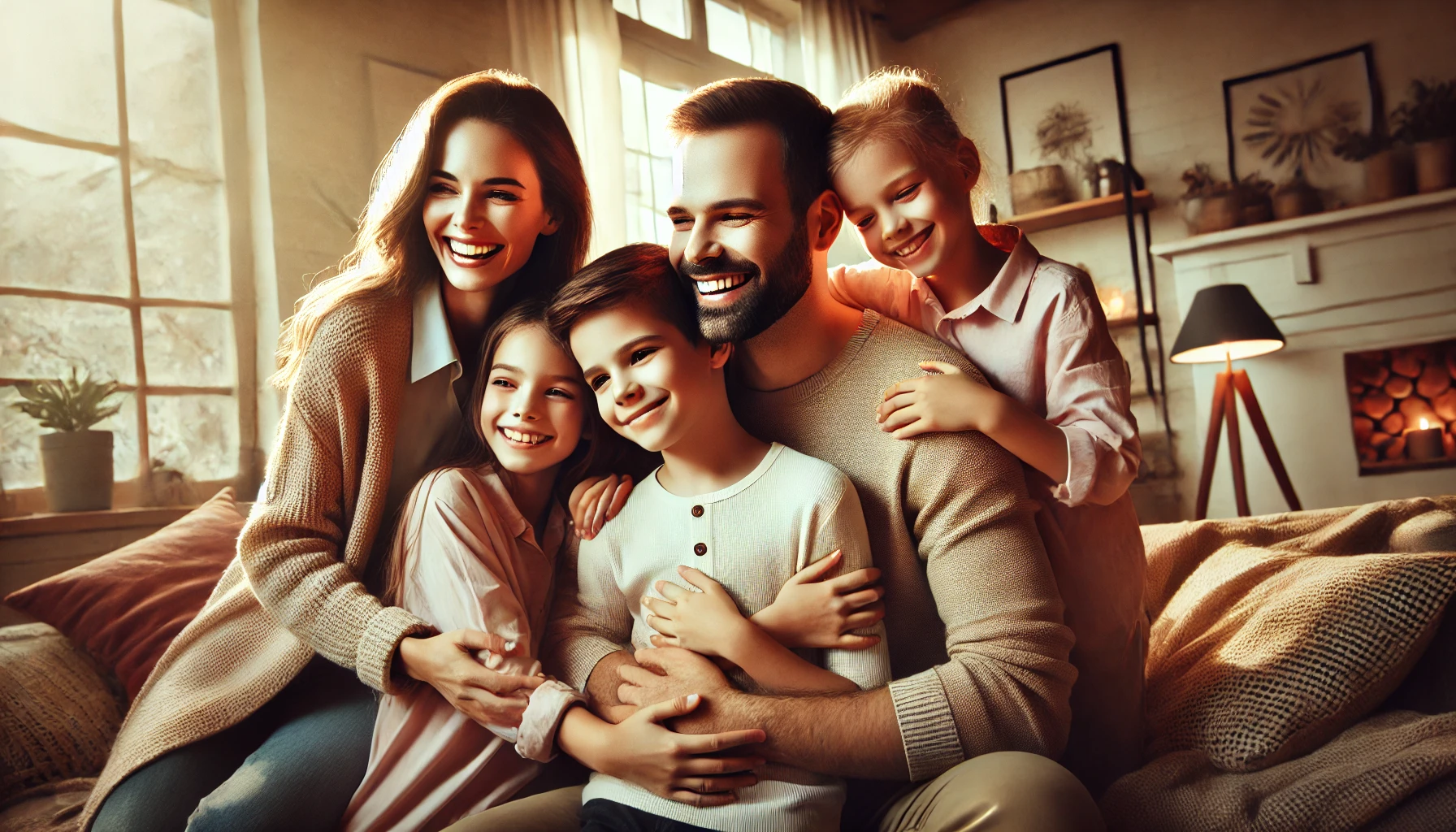 Como celebrar o Dia do Filho em família: Pai, mãe e três filhos (7, 10 e 15 anos) reunidos em um ambiente acolhedor, compartilhando um momento especial de carinho e união.